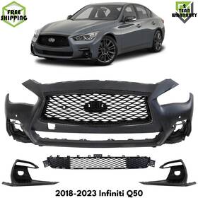 17007408 Evanfischer Front Bumper Cover Primed And Fog Lights Trims Kit For 2018-2023 Infiniti Q50