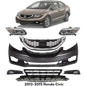 14446675 Locusautoparts Front Bumper Cover Primed And Headlight Assembly Kit For 2013-2015 Honda Civic