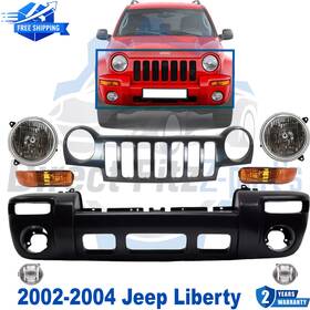 13933595 Replacement Front Bumper Cover Primed And Headlight Pair Set For 2002-2004 Jeep Liberty