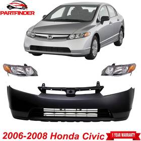 Replacement 9600932 Front Bumper Cover Primed Plastic And Headlights Kit For 2006-2008 Honda Civic