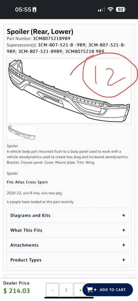 3cm807521c Volkswagen 2020-2023 Atlas Cross Sport Rear Lower Bumper Valance Bar