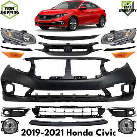 16782120 Xtreme Type Us Front Bumper Cover Primed Plastic And Headlights Kit For 2019-2021 Honda Civic