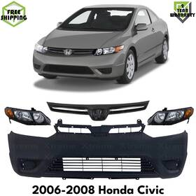 9613548 Xtreme Types Wholesale Front Bumper Cover Paintable Plastic And Headlights Kit For 2006-2008 Honda Civic