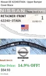 Nissan Altima Front Bumper Stiffener Retainer 62240-3TA0A Oem 2013-15 14.9% Off!. Fixed Price $54.92.